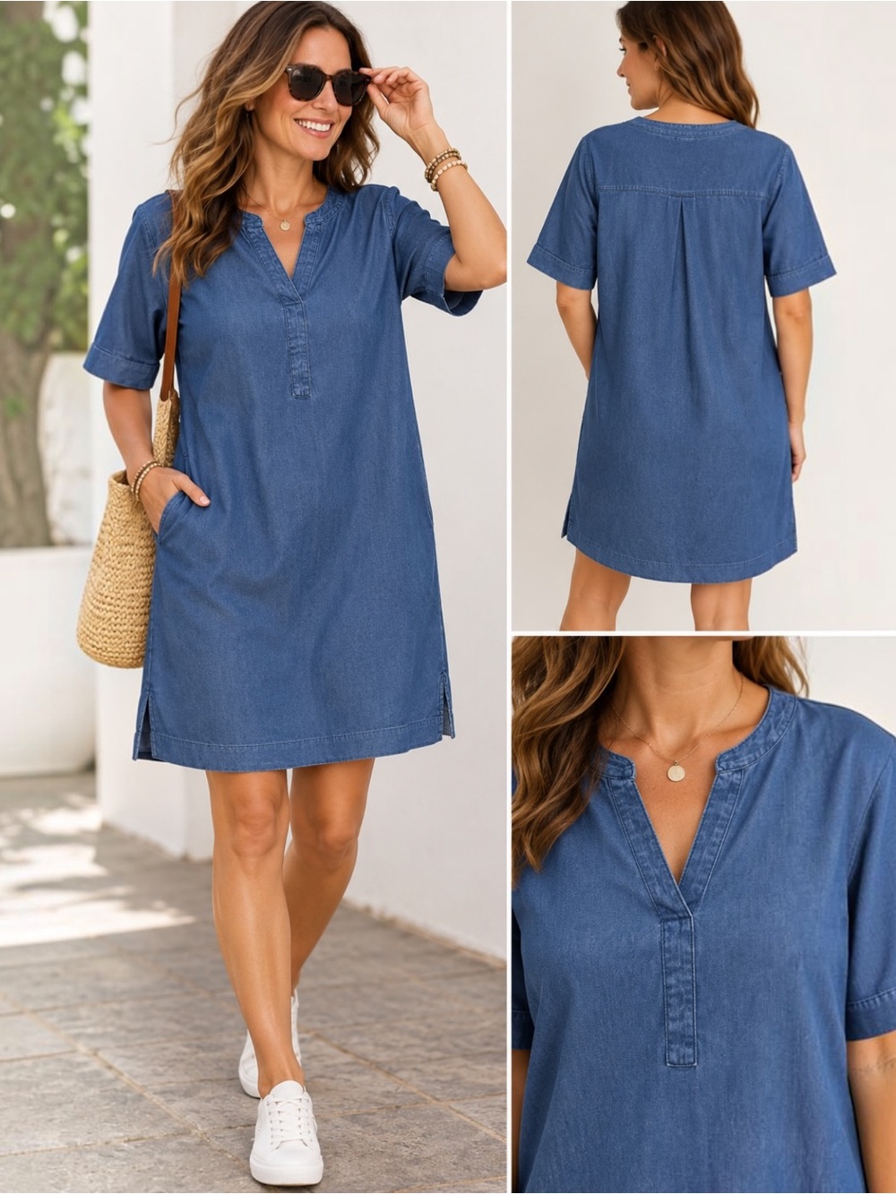 Kim Rogers XL Blue Indigo Cotton Tunic Dress Shift Pockets Washed Denim Look